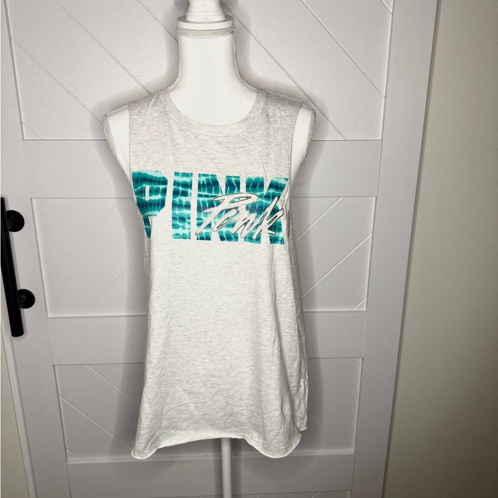PINK Victoria's Secret White and Teal Muscle Tee